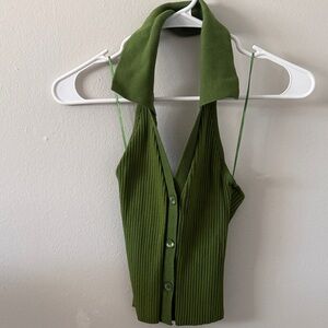 Zara Olive Ribbed Halter Crop Top